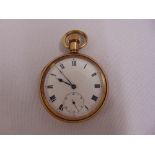 A gold plated open faced pocket watch, white dial Roman numerals and subsidiary seconds dial