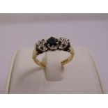 9ct gold three stone sapphire and diamond ring, approx total weight 3.0g