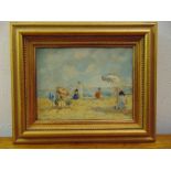 A framed oil on canvas of a 1920s beach scene, 14 x 18cm