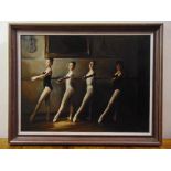Aris Raissis framed oil on panel of ballerinas at the barre, signed bottom right, 59.5 x 79cm