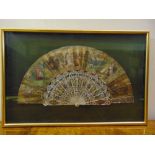 A Victorian framed and glazed hand painted fan depicting scenes from mythology and with pierced