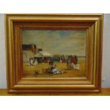 A framed oil on canvas Edwardian beach scene after Boudin, 14 x 18cm