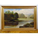 F. E. Jameson framed oil on canvas of a Highland river scene, signed bottom right, gallery label