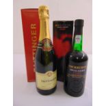 Tattinger champagne in fitted packaging and Cockburns Special Reserve port