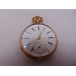 A 14ct yellow gold open face pocket watch, white enamel dial, Roman numerals and subsiduary