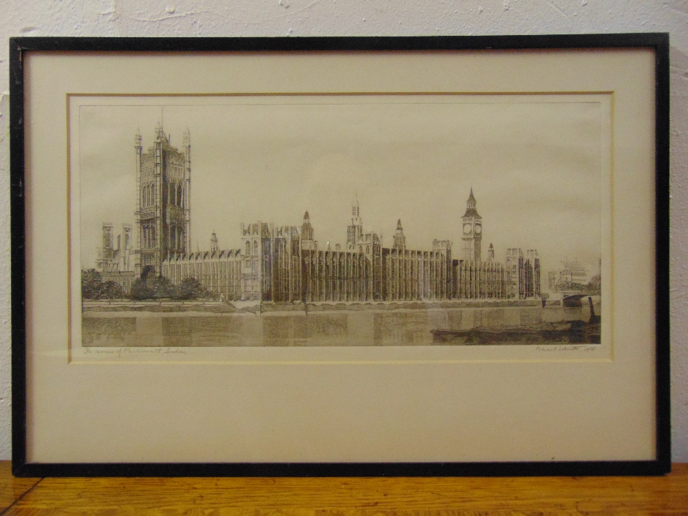 Marcel Schuette framed and glazed etching of The Houses of Parliament dated and signed bottom