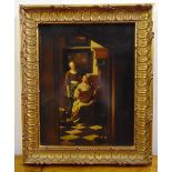 A framed oil on panel of domestic figures in an interior scene in the style of Vermeer, 33.5 x 26.