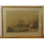 A framed and glazed polychromatic aquatint of a ship titled The Old School 1755 - Eight Months to
