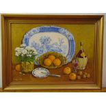 Evelyn Hill framed oil on panel still life of fruit and flowers, signed bottom left, 42 x 59.5cm