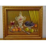 Evelyn Hill framed oil on panel still life with fruit and a glass of wine, signed bottom left, 35