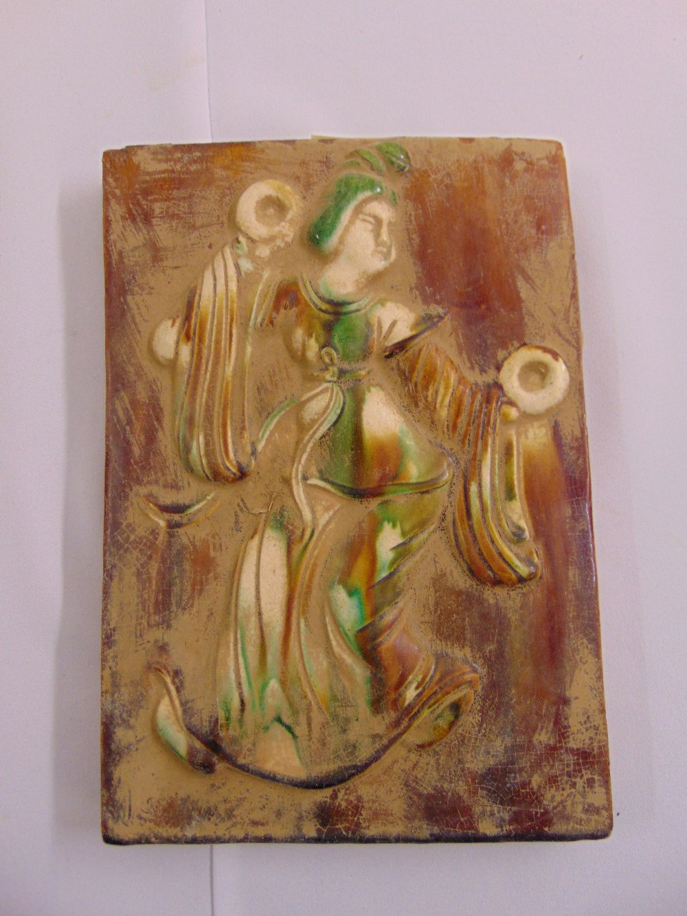 Chinese Tang style rectangular relief tile of lady wearing robes