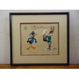 Three Warner Bros framed and glazed hand painted cells of Daffy Duck and Bugs Bunny, Popeye and