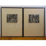 Ethelbert White two framed and glazed monochromatic limited edition woodcuts, signed bottom left, 14