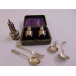 A quantity of silver to include a pair of footed salts in presentation case Birmingham 1919, a