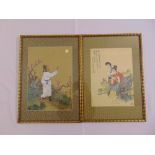 A pair of framed and glazed Chinese watercolours on silk of figures in a landscape, 37 x 26cm and 34