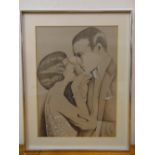 A framed and glazed monochromatic drawing of a romantic couple, monogrammed bottom right, 42 x 30cm