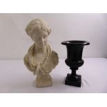 A reconstituted marble stone bust of a lady by Acanto of Spain and a black classical style vase on