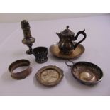 A French 19th century miniature silver coffee pot, a French white metal wine taster and five various