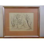 A framed and glazed monochromatic pen and ink study of two figures in a garden, indistinctly