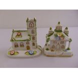 A pair of Coalport pastile burners Village Church and Park Lodge, marks to the base