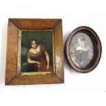 An antique miniature oil on board of a reclining lady and an oval framed print of a society lady