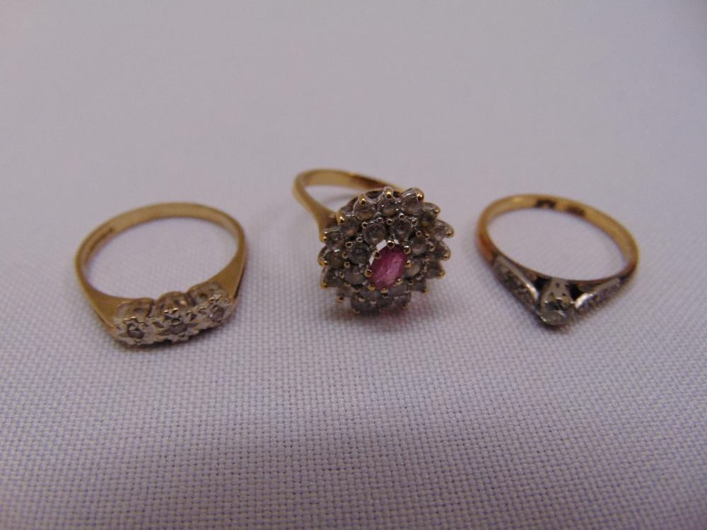 Three 9ct gold and diamond cocktail rings, approx total weight 6.9g