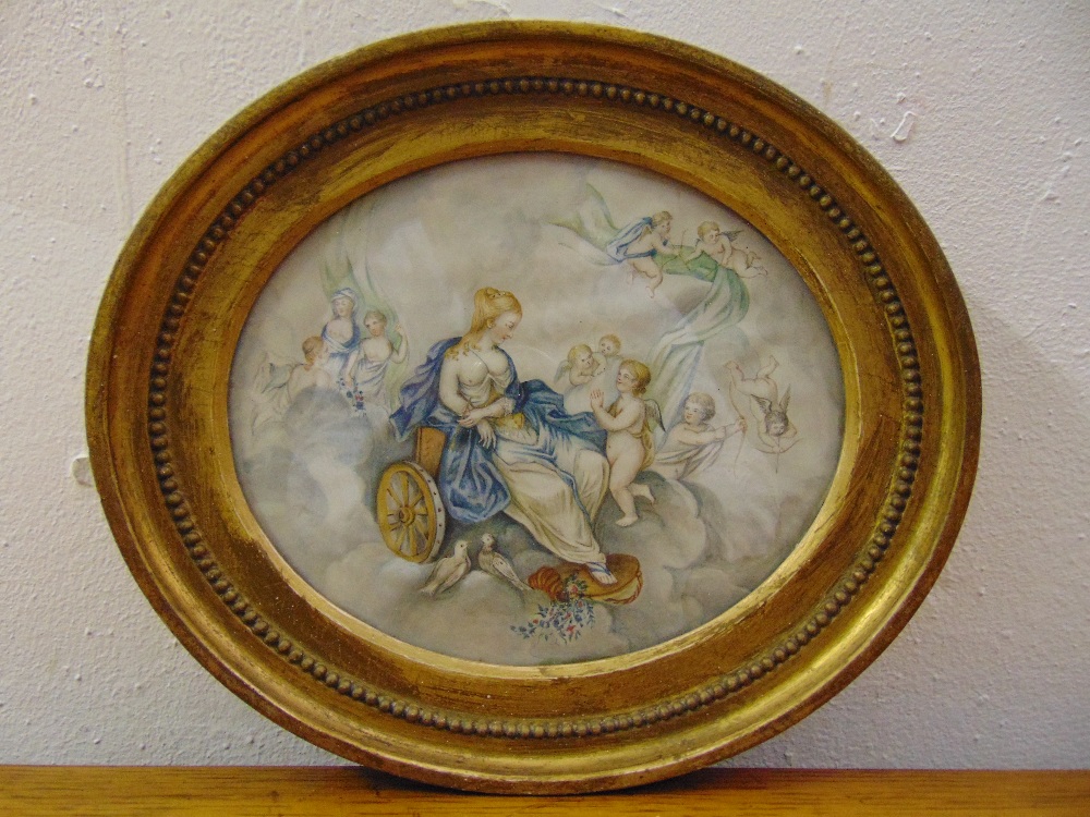 A framed and glazed watercolour of a lady attended by putti, 17 x 20.5cm