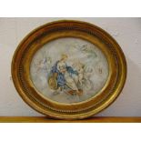 A framed and glazed watercolour of a lady attended by putti, 17 x 20.5cm