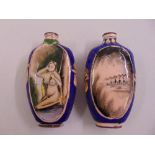 A pair of enamelled snuff bottles decorated with exotic figures and landscapes, A/F