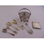 A quantity of silver to include a cigarette case Birmingham 1945, a pierced swing handle basket