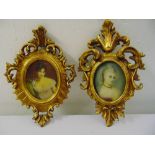 A pair of miniatures of ladies in carved and pierced gilded wooden frames, 8 x 6cm each