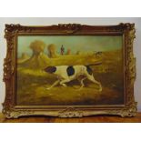 A framed oil on canvas of hunting dogs in a field, 48 x 74cm