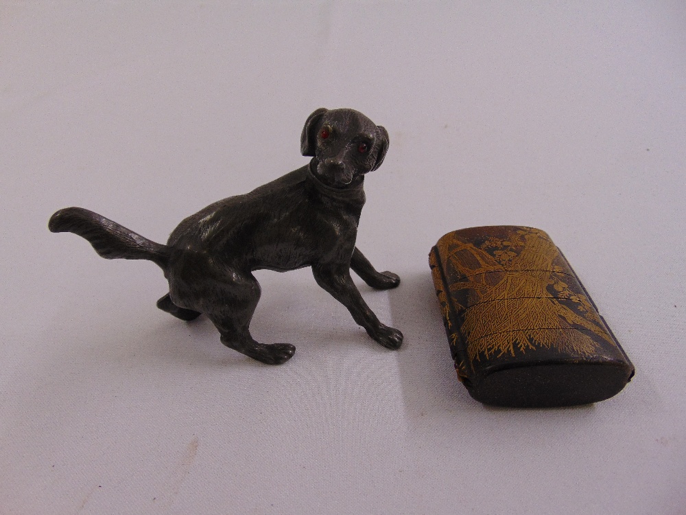 A bronze figurine of a dog and an Inro of customary form, A/F