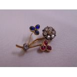 Gold, diamond, ruby and sapphire flower brooch, tested 15ct, approx total weight 4.9g