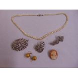 A quantity of costume jewellery to include brooches, earrings and a cultured pearl necklace