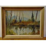 Edward Wesson RI RBA RSMA framed oil on panel titled A Winter Pond near Billingshurst dated 1981,