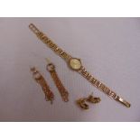 9ct yellow gold ladies wristwatch and two pairs of earrings, approx total weight 15.2g