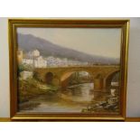 Manuel Cuberos framed oil on canvas of a Spanish landscape with a bridge in the foreground, signed