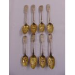 Eight Victorian silver fiddle pattern berry teaspoons