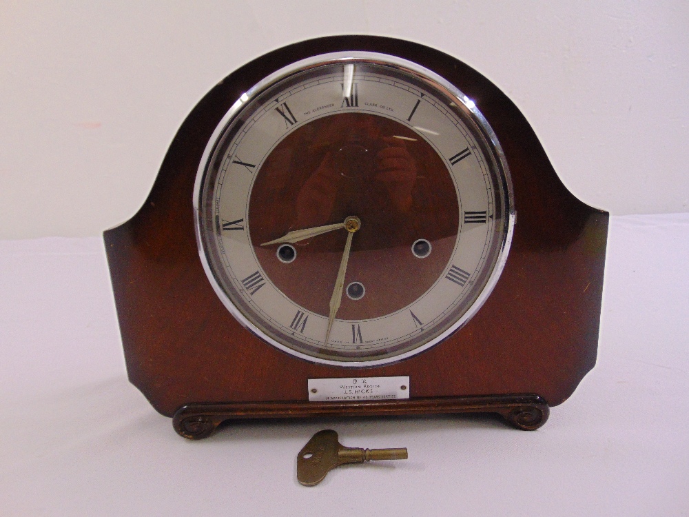 Alexander Clark Co. Ltd mantle clock, silvered dial, Roman numerals to include key