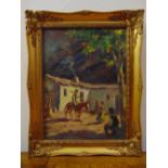 J. Pacheco framed oil on canvas of a continental street scene with figures in the foreground, signed