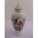 A Meissen baluster vase and cover hand painted with birds and leaves, marks to the base