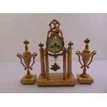 A French gilt metal and marble clock set , the circular enamel dial with Arabic numerals,