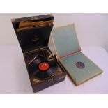 His Masters Voice wind up portable record player circa 1920s to include contemporary records