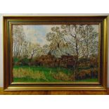 J. M. Cooper framed oil on panel of trees and a farmhouse, signed bottom left, 60.5 x 90.5cm