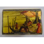 A continental silver, silver gilt and enamel snuff box, the hinged cover with a Venetian scene of