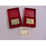 Two cased Cartier enamel boxes, rectangular the hinged covers decorated with figures