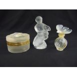 A Lalique figurine of a lady with a fawn, a Lalique circular covered box and a Lalique perfume