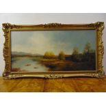 A framed oil on canvas of an English landscape, indistinctly signed bottom right, 49 x 100.5cm