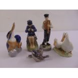 Royal Copenhagen figurines to include two boys and three figural groups of birds
